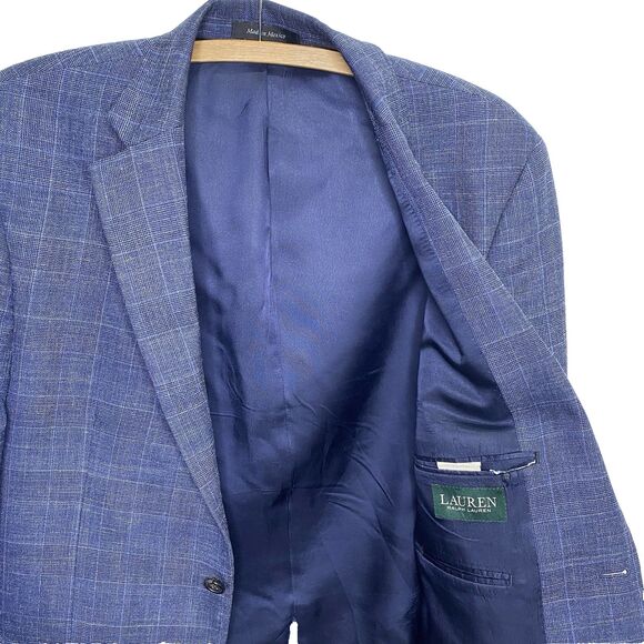 Lauren Ralph Lauren Blazer Wool Silk Linen Windowpane Sport Coat Mens 42R Blue - Picture 1 of 14